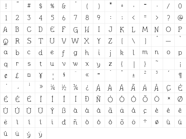JennerikInfml Regular  glyph index