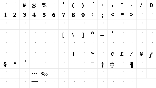 ClaremontBoldTab Regular  glyph index