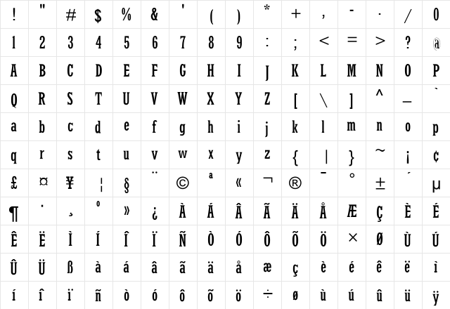LatinRCond Regular  glyph index