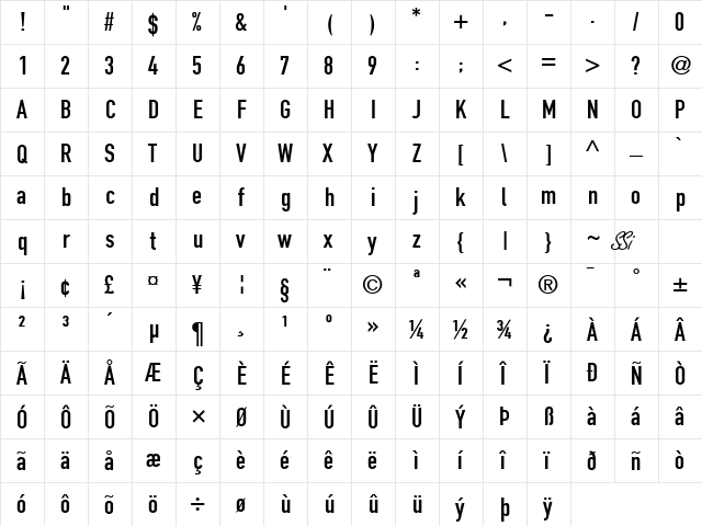 Reducto Condensed SSi Condensed  glyph index