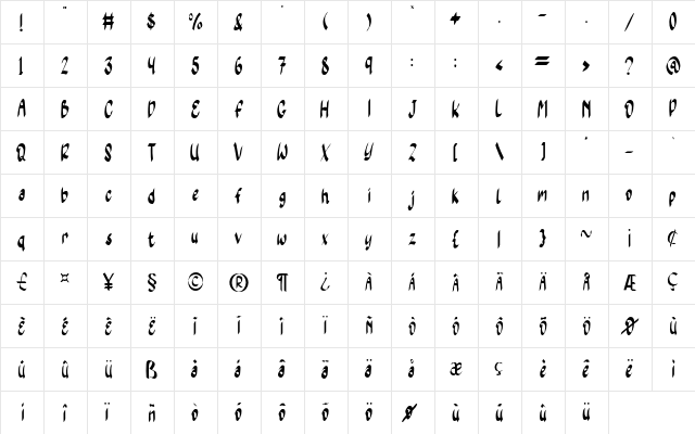 Yellow Moon Regular  glyph index