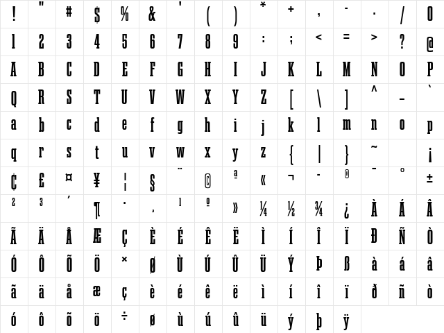 Gravtrac Compressed Bold  glyph index