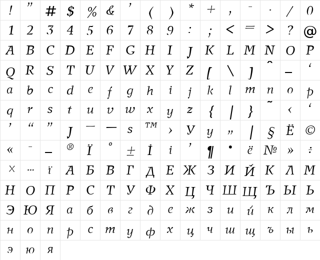 New Journal Italic  glyph index