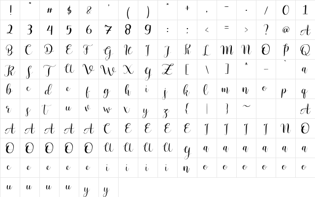 Sherletta Regular  glyph index