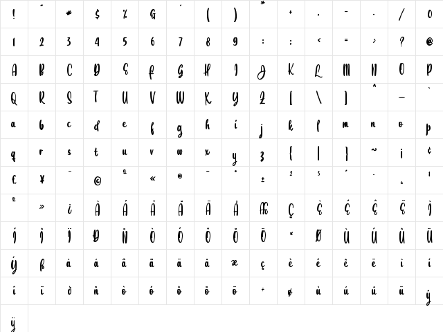 Julia Eberline Regular  glyph index