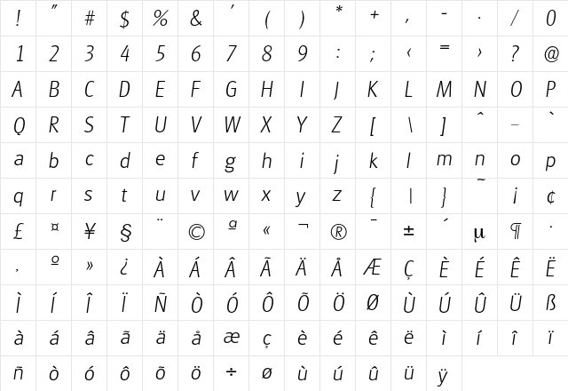 Glasgow-XlightIta Regular  glyph index