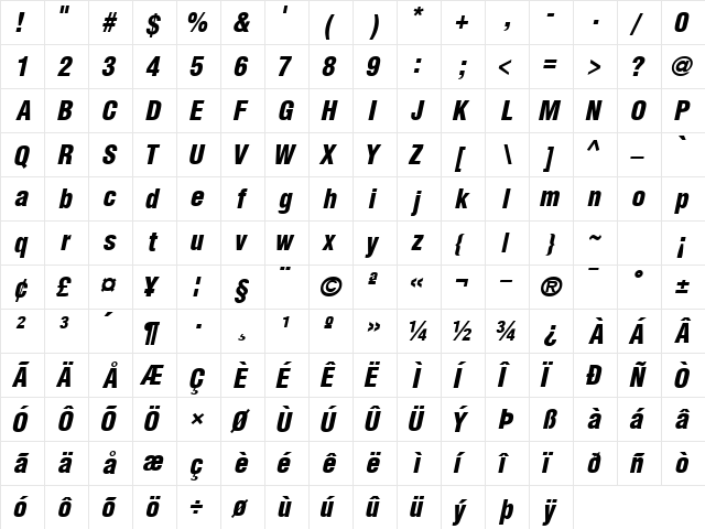 ContextBlackCondSSK Italic  glyph index