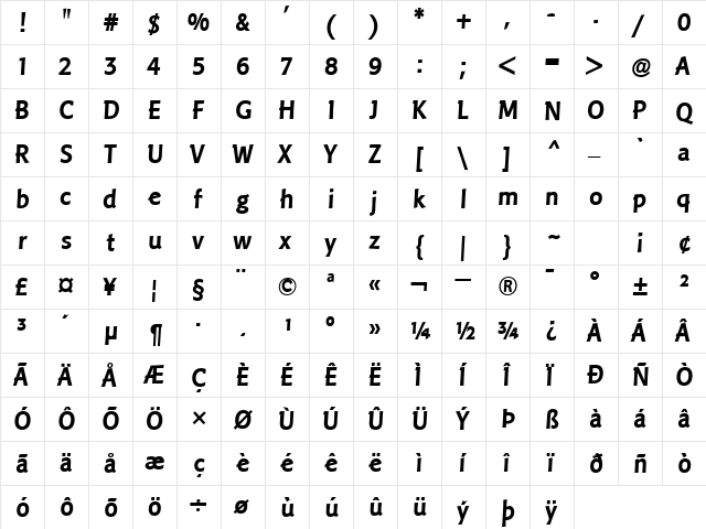 LTPisa Regular Bold  glyph index