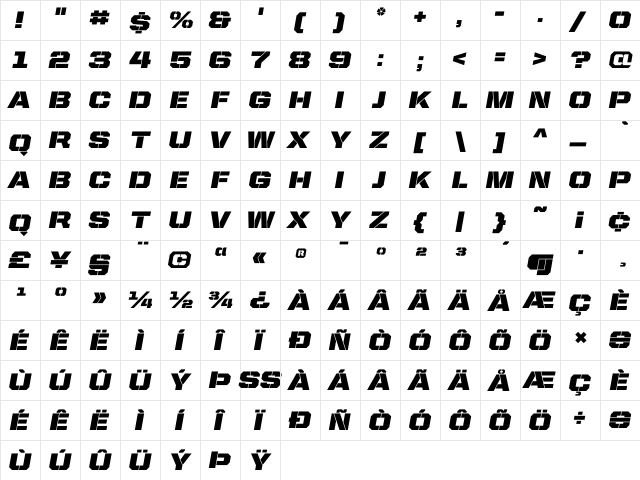 United Italic SemiExt Stencil  glyph index