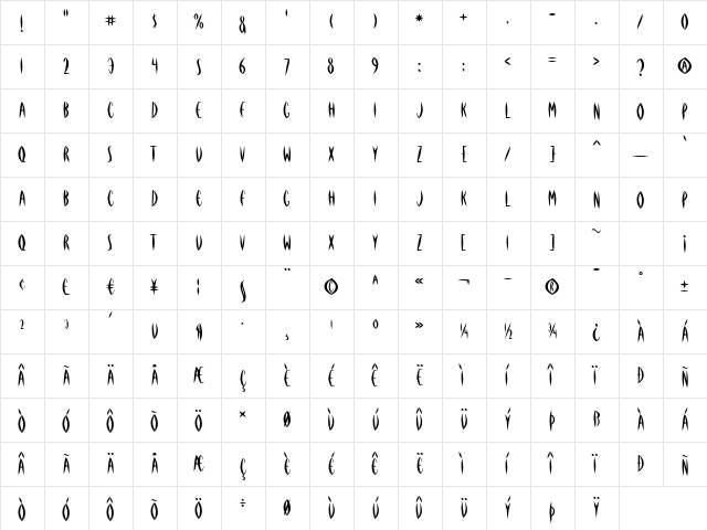 Etiquette Regular  glyph index