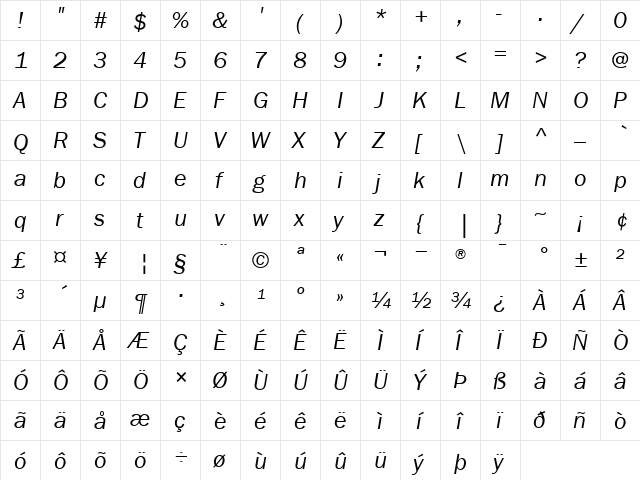 ITCFranklinGothic-Book BookItalic  glyph index