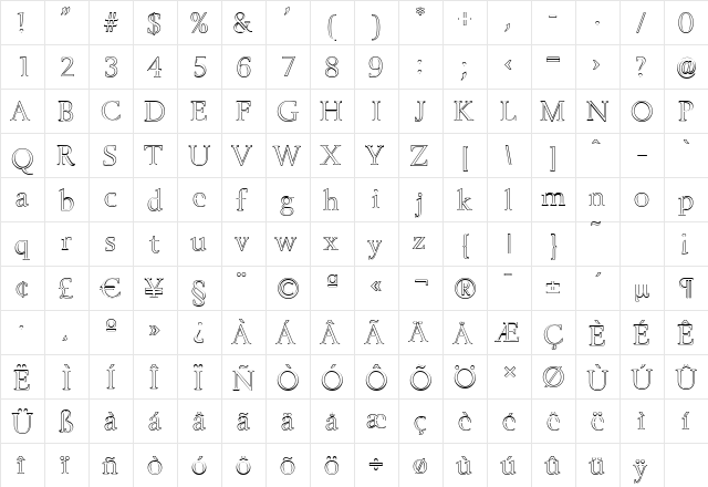 BelfastOutline-Light Regular  glyph index
