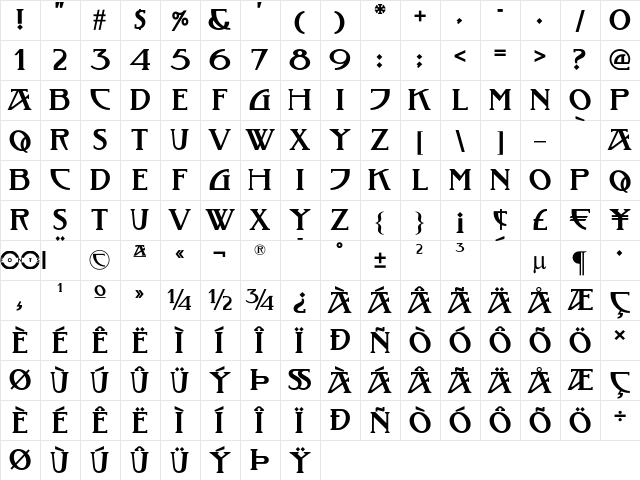 Tobacco Road NF Regular  glyph index