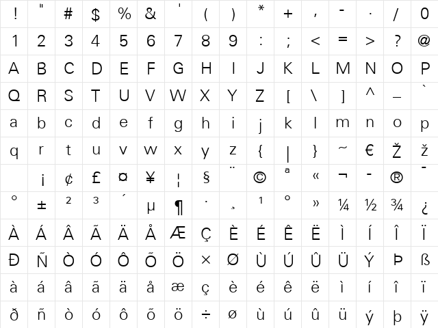 Univers LT 45 Light Regular  glyph index