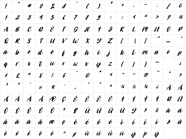 Angelica Caroline Italic Italic  glyph index