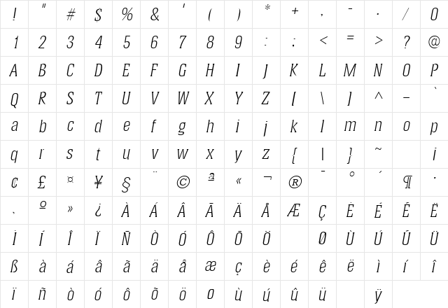HeliumLH Italic  glyph index