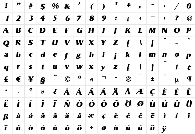 BruceBecker-Heavy Italic  glyph index