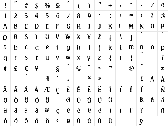 SeagullAntique Regular  glyph index