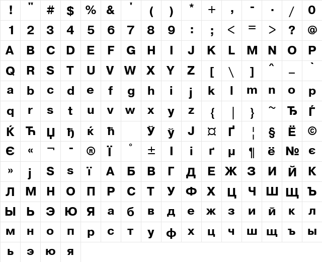 PragmaticaWINCTT Bold  glyph index