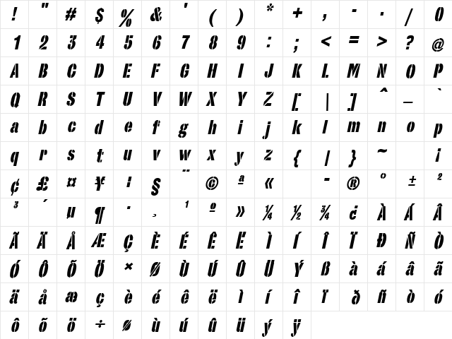 StencilSet BlackOblique  glyph index