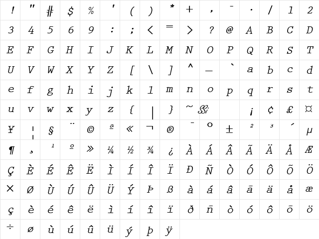 Keyboard Elite SSi Bold Italic  glyph index