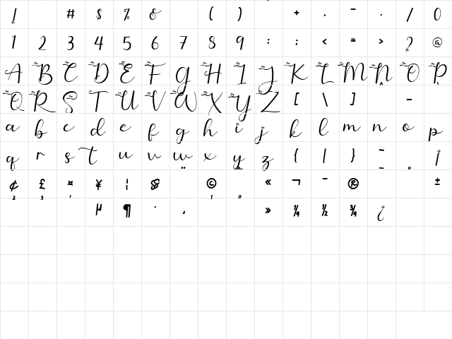 Valentine Soul Regular  glyph index