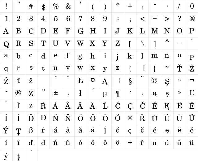 CenturySchLEE Regular  glyph index