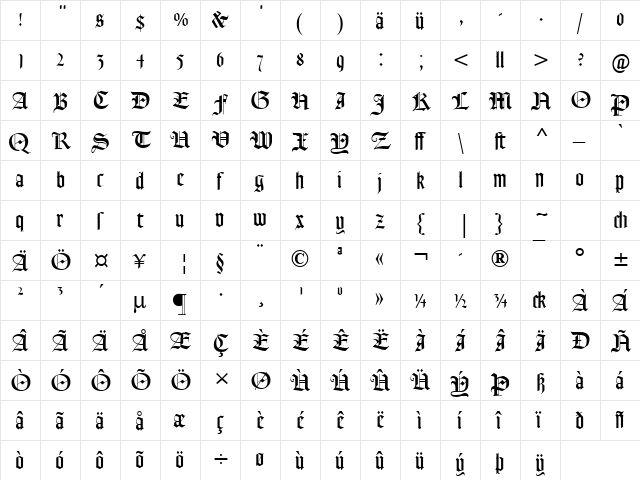 Goudy Text MT Dfr Regular  glyph index