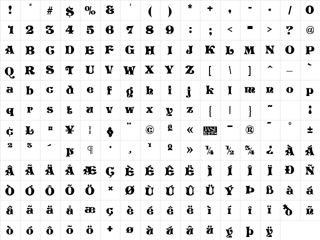 Vostrey Regular  glyph index