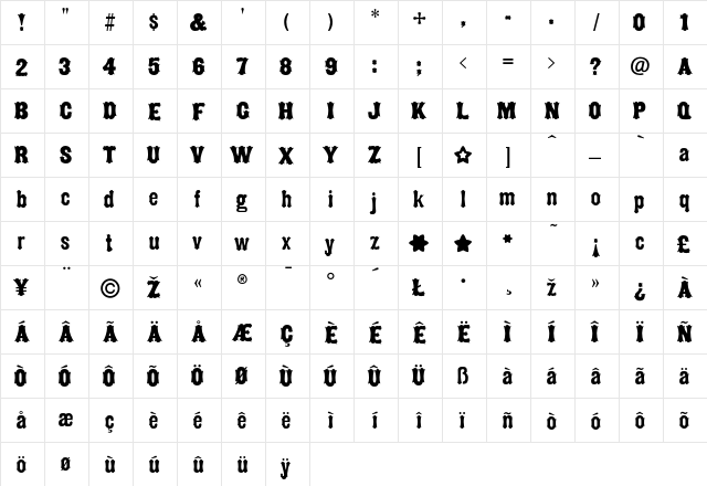 Balderdash Regular  glyph index