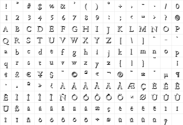 CambridgeShadow-Light Regular  glyph index