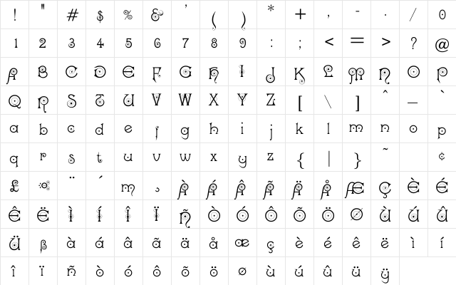 Kisstelle Regular  glyph index