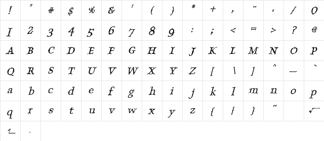OsseousSlanted Regular  glyph index