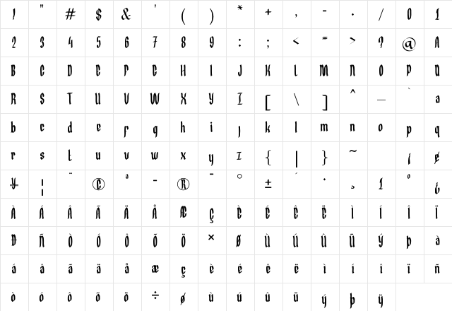 Germany Slime Gothic Regular  glyph index