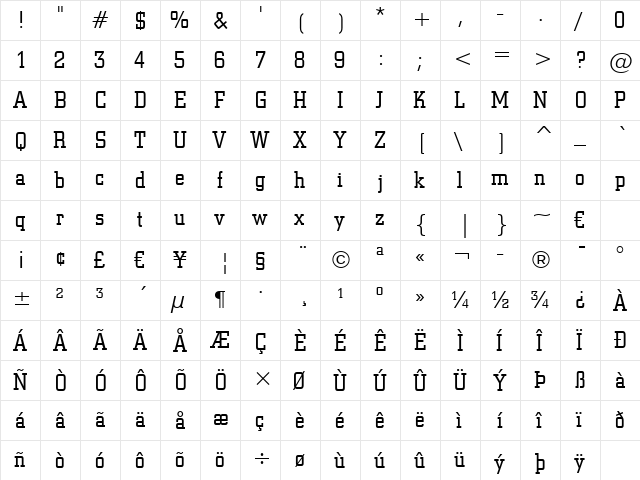 SquareSlab711 Lt BT Light  glyph index
