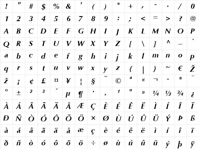 Optima LT Bold Italic  glyph index