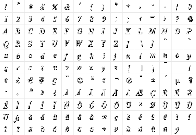 ThamesShadow Italic  glyph index