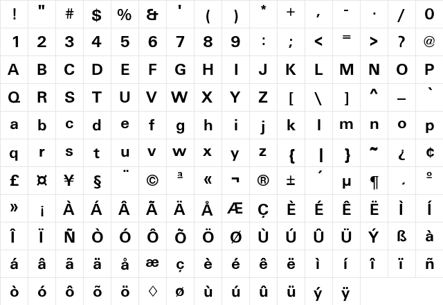 Atwood Regular  glyph index