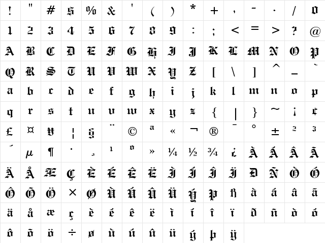 Engravers' Old English Bold  glyph index