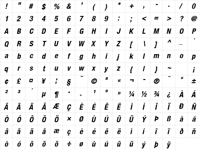 Helvetica Neue LT Com 77 Bold Condensed Oblique  glyph index