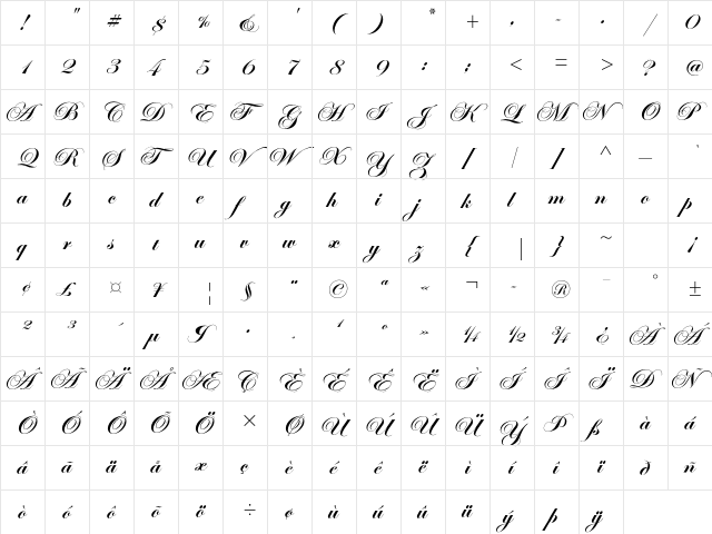Edwardian Script ITC Std Bold  glyph index