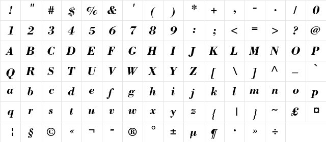 BorjomiC Bold Italic  glyph index