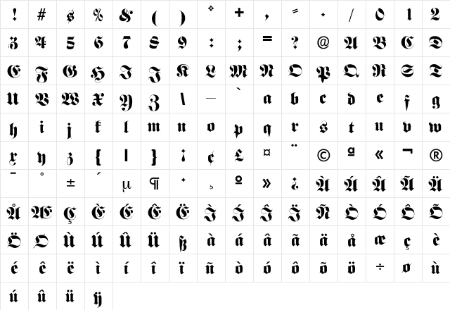 FrakturFett Regular  glyph index