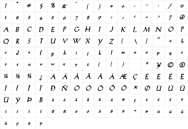 Salem Bold Italic  glyph index