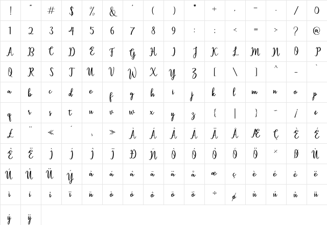 Sallita Regular  glyph index