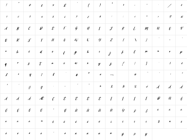 Rosaffina Italic Regular  glyph index