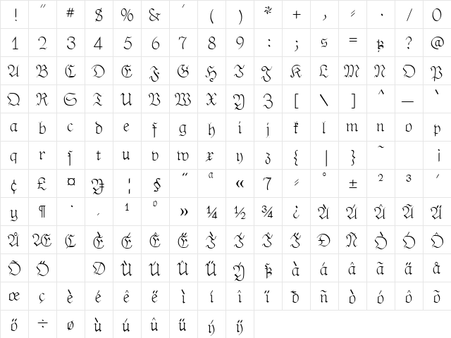 PhederFrackDtshThin Regular  glyph index