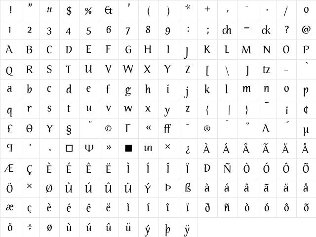 TarquiniusPlus Book  glyph index