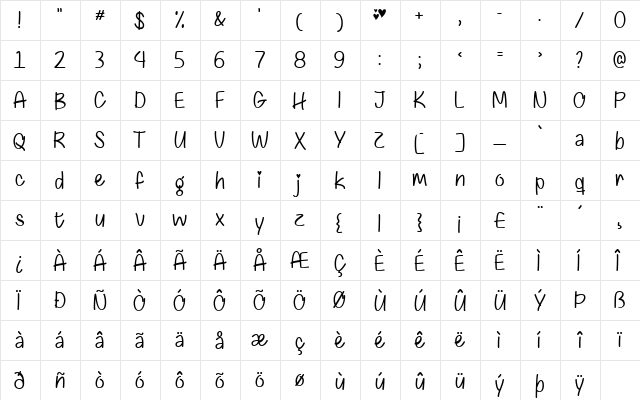 Chasing Hearts Regular  glyph index