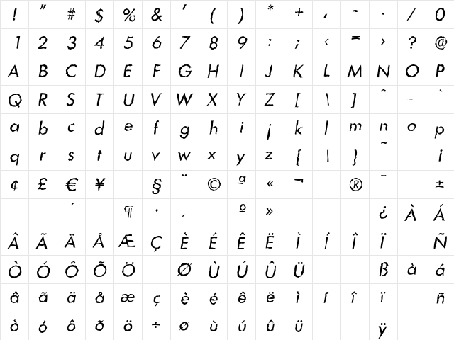 LimerickRandom Italic  glyph index